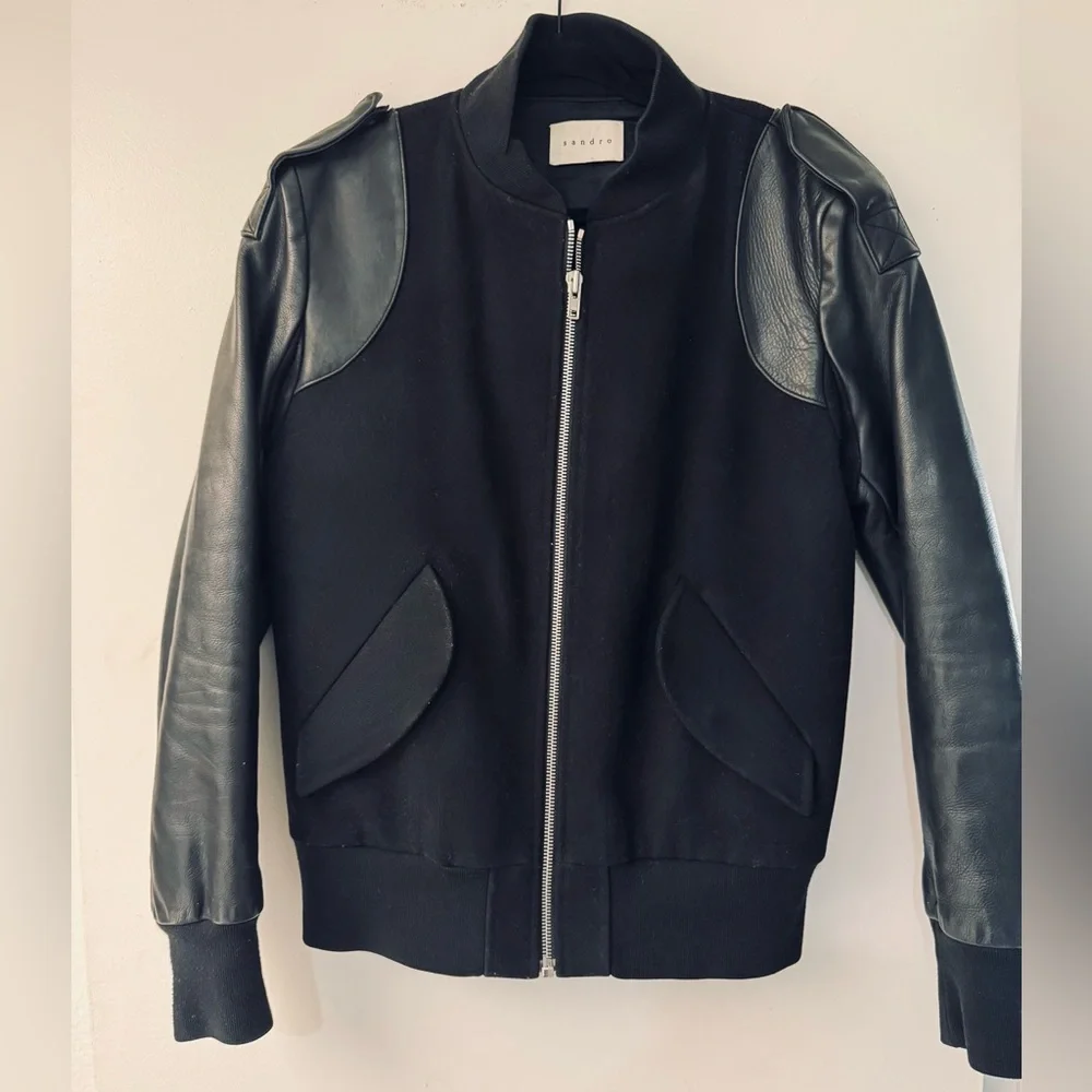 Sandro Black Wool Bomber Jacket with Silver Zip